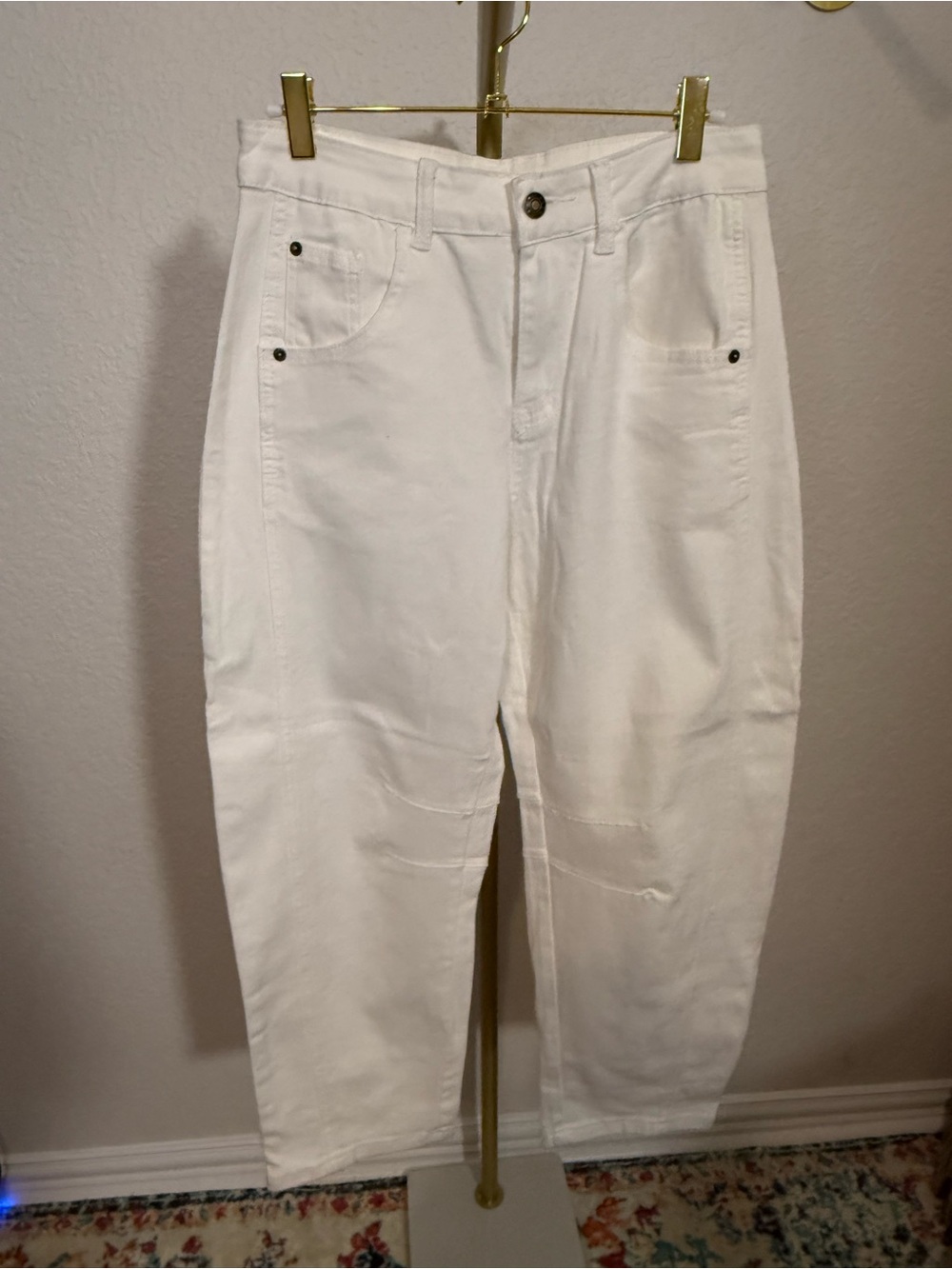 White Cotton Blend Barrel Jeans - Size S